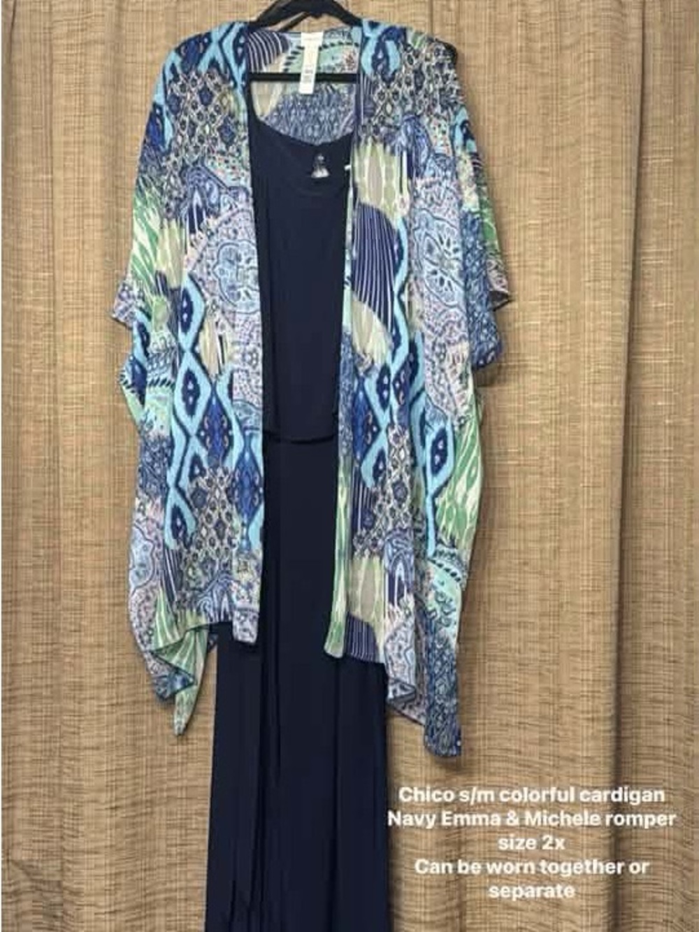 Chico's colorful cardigan & Emma & Michele navy Romper EUC